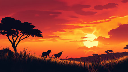 Silhouettes of animals walk through tall grass in the savannah as a dramatic sunset casts warm colors, enhancing the adventurous atmosphere.の素材