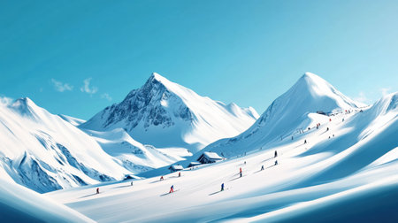 Visitors embrace the snowy slopes of a ski resort surrounded by majestic peaks under a brilliant blue sky, enjoying winter activities.の素材