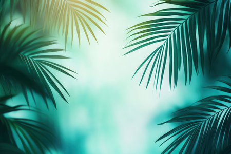 Fresh palm leaves in green and teal tones create an adventurous atmosphere, inviting exploration in a tropical paradise.の素材