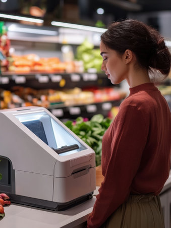 A cashier engages with automated checkout technology in a vibrant supermarket, showcasing efficiency and innovation in a busy shopping environment.の素材