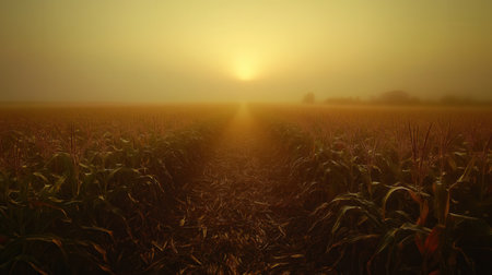 Dew-covered corn cobs stand tall in a misty early morning as a lone farmer walks through the field, illuminated by the rising sun.の素材