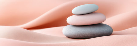 Three smooth pebbles stacked on soft pastel fabric create a tranquil, balanced Zen vibe, promoting relaxation and mindfulness.の素材
