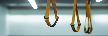 In a well lit gym, minimal fitness straps hang from the ceiling. The design emphasizes geometric balance and composition techniques.の素材