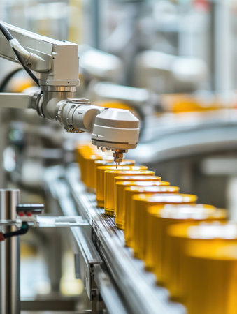 Robotic systems and artificial intelligence manage the assembly line, increasing efficiency in a modern production facility during daylight hours.の素材