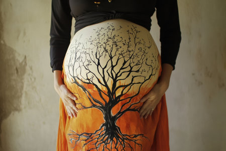 Artistic drawings cover a pregnant belly, depicting a tree of life with branches and roots, symbolizing growth and balance in a creative manner.の素材