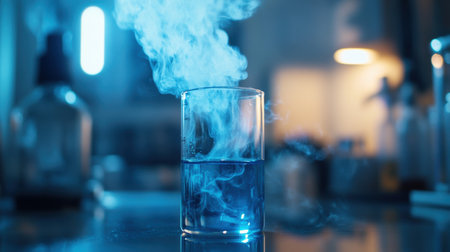 A test tube with a smoking blue liquid sits in a chemistry lab where researchers explore new formulations and mixtures.の素材