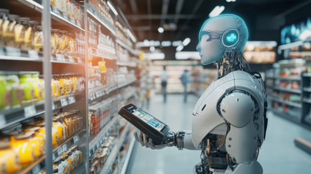 Robot cashier assists shoppers in a modern supermarket, efficient automation for a seamless checkout experience while keeping the area organized.の素材