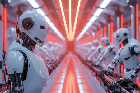 Advanced robotic machines operate efficiently in a modern automated factory, driven by AI technology, creating a high tech production environment.の素材
