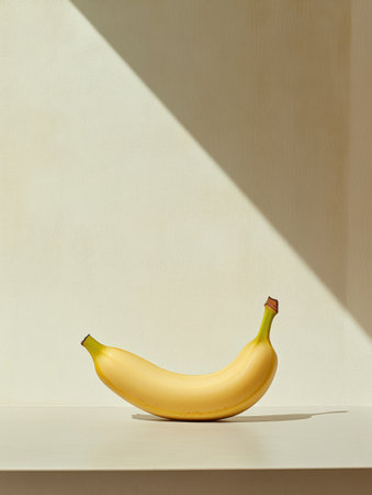 A single yellow banana is placed on a clean surface against a soft pastel backdrop.の素材