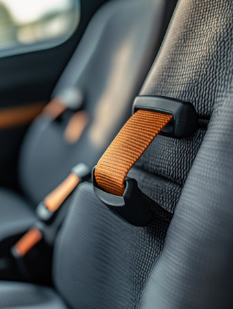 Safety is emphasized with securely fastened seat belts in a thoughtful and modern car interior designed for comfort and utility during travel.の素材