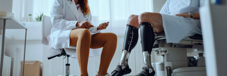 A medical professional explains the features of a prosthetic leg to a patient in a clinical environment, ensuring clear communication and support.の素材
