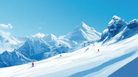 People enjoy skiing on a snowy mountain landscape at a ski resort under a clear blue sky, capturing dynamic movement and serene beauty.の素材