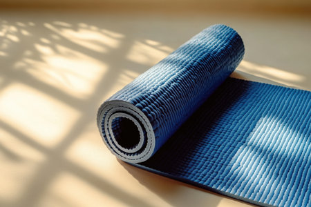 Soft light illuminates a minimalistic yoga mat, inviting calm and focus, perfect for mindful exercise in a tranquil setting.の素材
