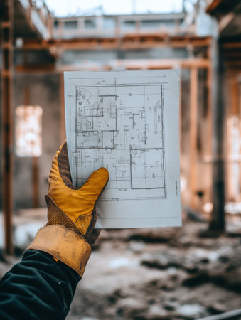 A safety gloved hand presents a detailed blueprint amid a bustling construction site, showing the important planning phase of building.の素材
