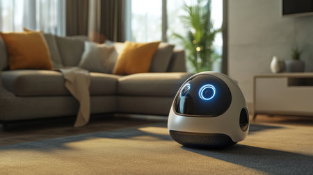 A robot assistant engages with family in a bright, cozy living room, filled with natural light and inviting decor.の素材