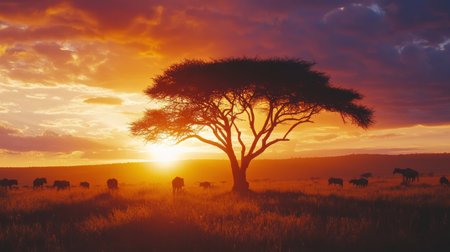 Silhouettes of various animals roam the savannah at sunset, surrounded by acacia trees and warm colors that capture the essence of natures beauty.の素材