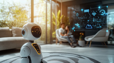 Robot assistant engages with family in a cozy modern room, showcasing technology that supports daily activities and enhances communication.の素材