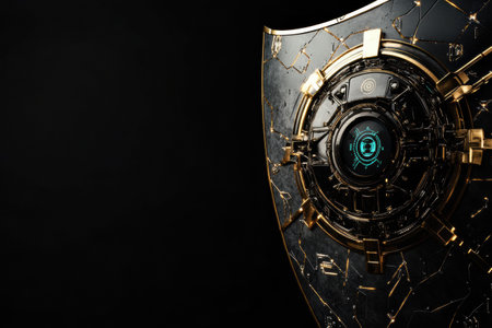 The shield showcases intricate cybernetic designs and a central robotic eye, emphasizing the significance of AI in the field of cybersecurity.の素材