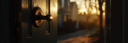 Close up of a secure door lock with a key in soft lighting, with faint silhouettes of a family home visible at dusk.の素材