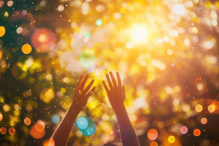 Balloons soar high under bright sunlight while excited children stretch their hands skyward, embracing the joy of a carefree moment in nature.の素材