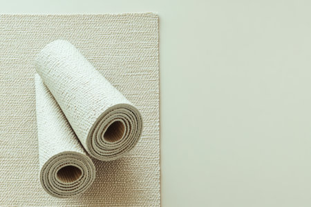 Two yoga mats neatly rolled up on a light, muted surface create a tranquil ambiance ideal for mindfulness and relaxation activities.の素材