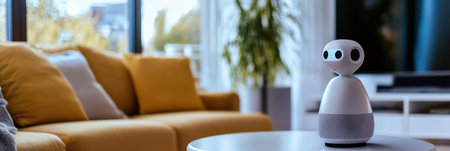 A robot assistant engages with household members in a sunny living room filled with comfort and modern design, enhancing daily activities.の素材