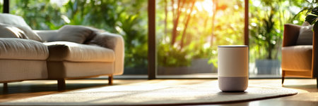 Robot assistant interacts with household members in a well lit living room filled with greenery and modern furniture, creating a cozy atmosphere.の素材