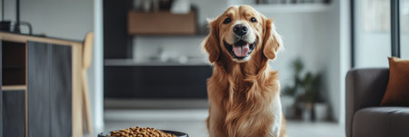 Golden retriever sits joyfully beside a bowl of kibble, surrounded by pet food packaging in a softly lit, inviting home environment.の素材