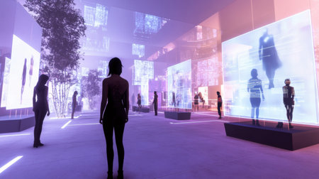 Avatars interact in a futuristic lobby filled with holograms and interactive screens, highlighting connectivity.の素材