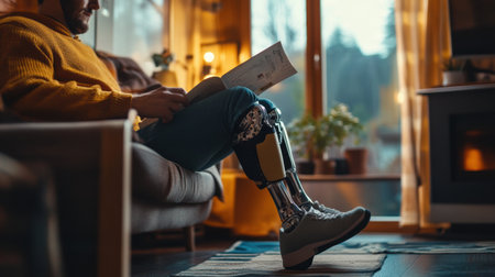 Engaging in daily activities, a person with a prosthetic leg reads comfortably in a warm, softly lit home environment.の素材