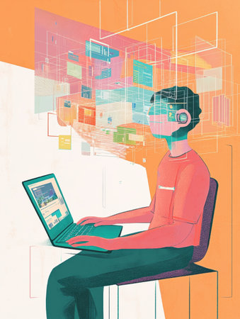 A person uses a laptop with a vibrant AI powered learning platform in a bright environment.の素材