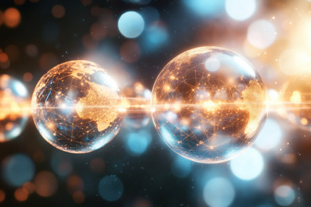 Glowing spheres represent unique virtual worlds linked by vibrant beams of light against a cosmic backdrop, with room for more content.の素材