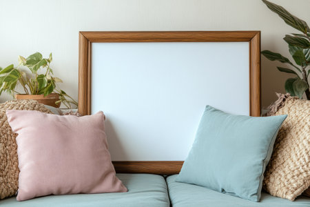 Cozy modern living room features a blank canvas in a wooden frame, accompanied by colorful pillows and greenery, creating an inviting atmosphere.の素材