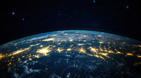 Brightly lit areas of planet earth reflect extensive global communication networks and technological connections under a starry sky.の素材