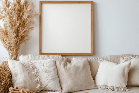 Warm and inviting modern living room presents a blank canvas in a wooden frame, allowing for personal artistic expression in a cozy atmosphere.の素材