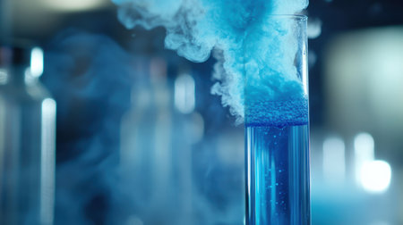 Smoke rises from a test tube filled with vibrant blue liquid, indicating a chemical reaction taking place in a modern laboratory.の素材
