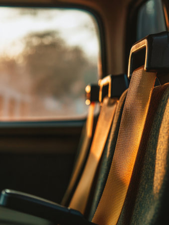 Sunlight filters through a vehicles window, illuminating seat belts that emphasize safety and comfort for passengers during travel.の素材