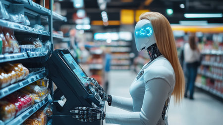 Automated cashier in a supermarket facilitates checkout using advanced AI technology, smoothly integrating with the shopping experience.の素材