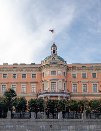 A beautiful historic building in Saint Petersburg showcases vibrant architecture and the Russian...