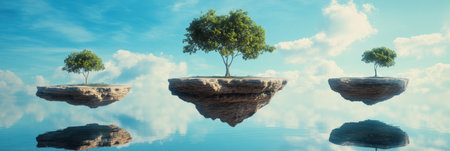 Floating islands adorned with trees create a serene landscape, illustrating connections to different realms in the metaverse.の素材