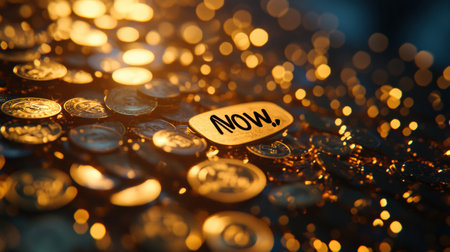 Golden coins and banknotes fill the background, emphasizing the message of saving now with highlighted text and creative light effects.の素材