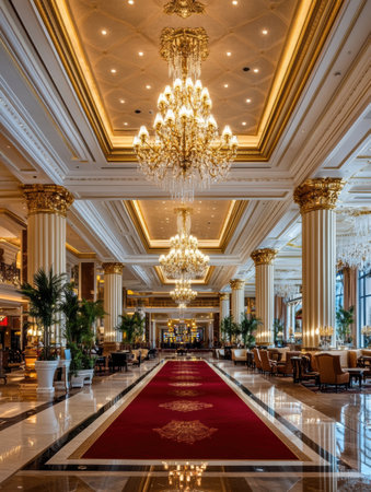 Opulent casino lobby showcases stunning chandeliers, plush seating, and rich red carpets, offering a lavish experience for visitors at any time.の素材