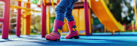 Child with a colorful prosthetic leg enjoys playing on a bright playground, radiating joy and positivity with each movement.の素材