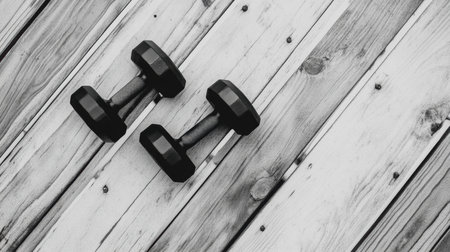 Dumbbells rest on a textured wooden floor featuring diagonal lines, emphasizing minimalist design with ample negative space.の素材