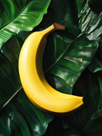 A ripe yellow banana sits amidst rich green tropical leaves under natural light, showing the colors and textures of the surrounding foliage.の素材