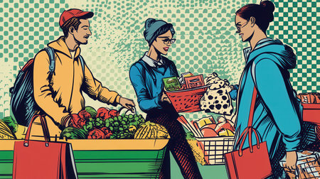 People engaged in selecting groceries, adding items to a virtual cart, and receiving delivery, all depicted in vibrant comic book style.の素材