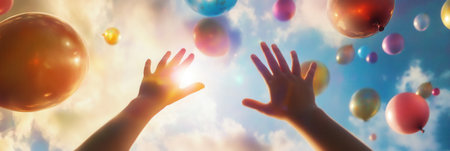 Children reach playfully towards vibrant balloons in a sunlit sky, capturing the joy and excitement of a bright afternoon outdoors.の素材