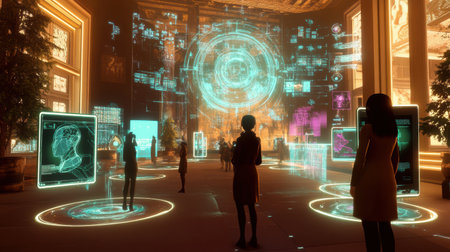 Avatars gather in a digital lobby, engaging with holographic screens that convey social interactions and futuristic designs in the metaverse.の素材