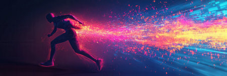 A silhouette of a person runs through a vibrant landscape filled with neon color splashes, creating an electrifying atmosphere in motion.の素材