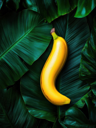 Bright yellow banana sits striking against green tropical leaves, showing natural light and an appealing composition for a fresh look.の素材